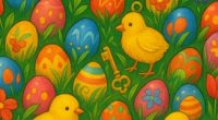Illustration of chicks and Easter eggs hidden in the grass.