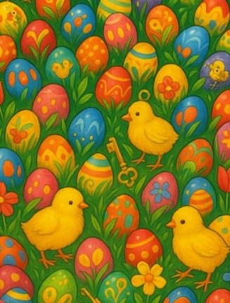 Illustration of chicks and Easter eggs hidden in the grass.