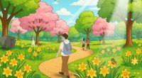 Illustration of people walking on a path in a park with daffodils and hidden Easter eggs.