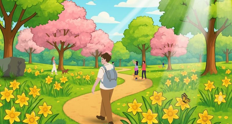 Illustration of people walking on a path in a park with daffodils and hidden Easter eggs.