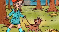 Illustration of a girl walking her dog in the rain.
