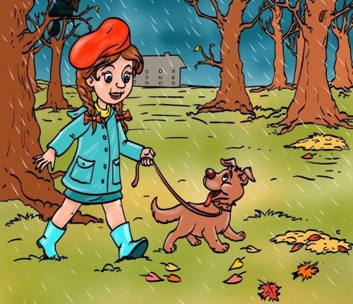 Illustration of a girl walking her dog in the rain.