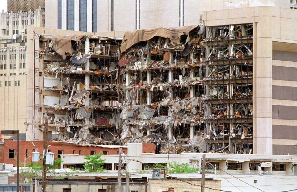 The devastated north side of the Alfred P. Murrah Federal Building in Oklahoma City after a bombing.