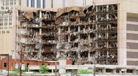 The devastated north side of the Alfred P. Murrah Federal Building in Oklahoma City after a bombing.