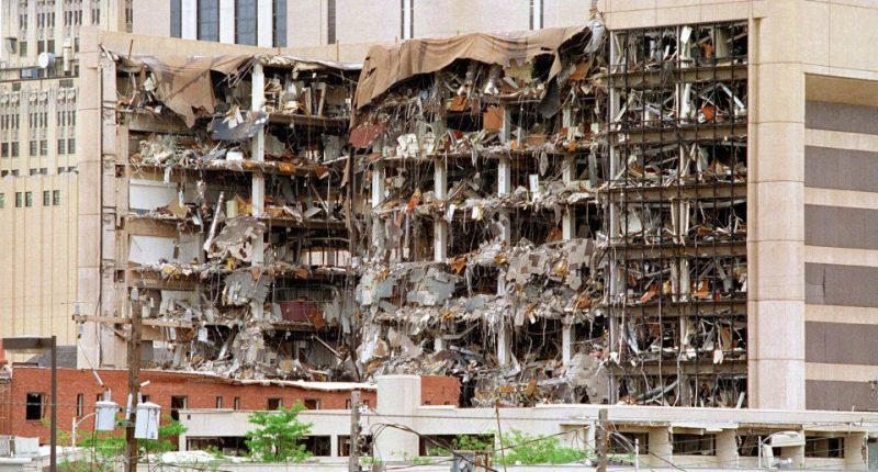 The devastated north side of the Alfred P. Murrah Federal Building in Oklahoma City after a bombing.