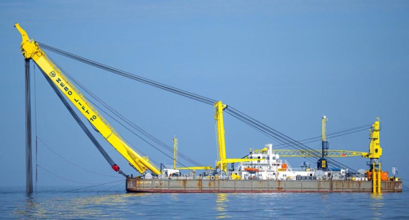 The Hebo Lift 10 floating crane at sea.