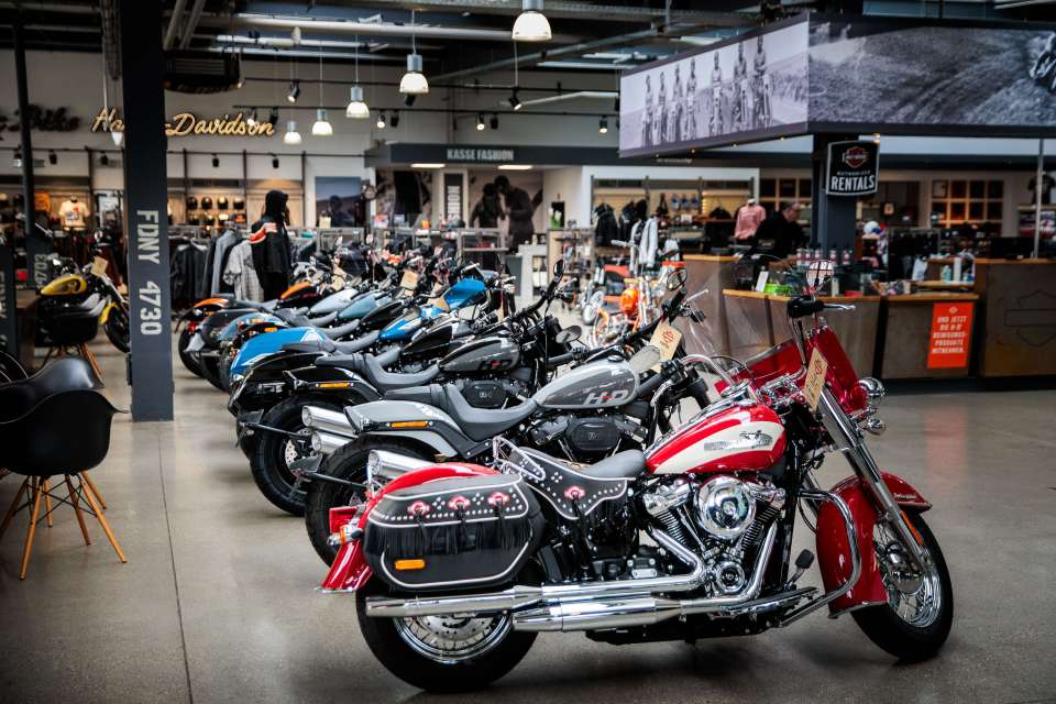 Harley-Davidson motorcycles in a Berlin showroom.