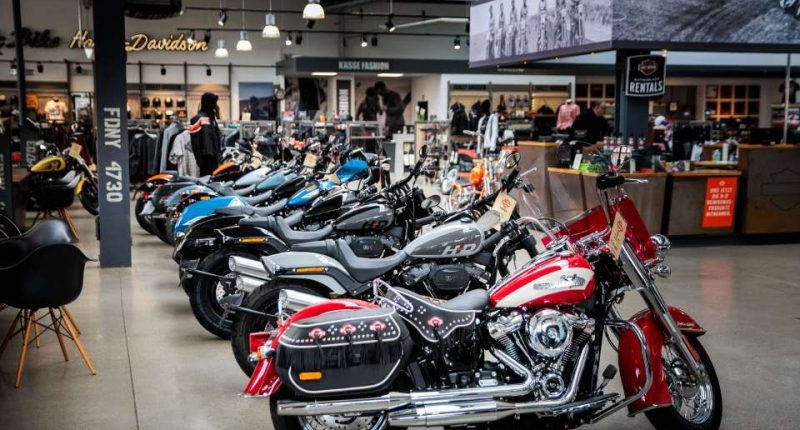 Harley-Davidson motorcycles in a Berlin showroom.