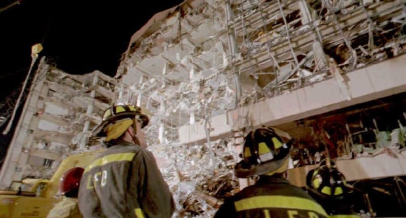Firefighters at the Alfred P. Murrah Federal Building after a bombing.