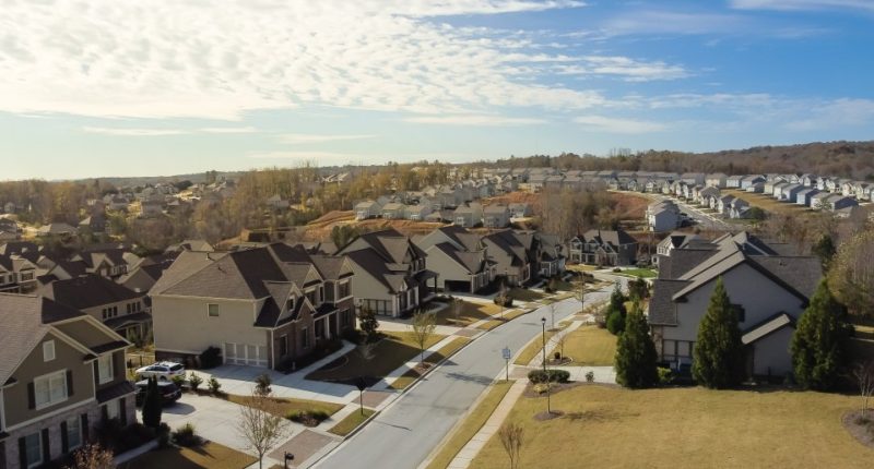 Aerial view of a residential neighborhood.