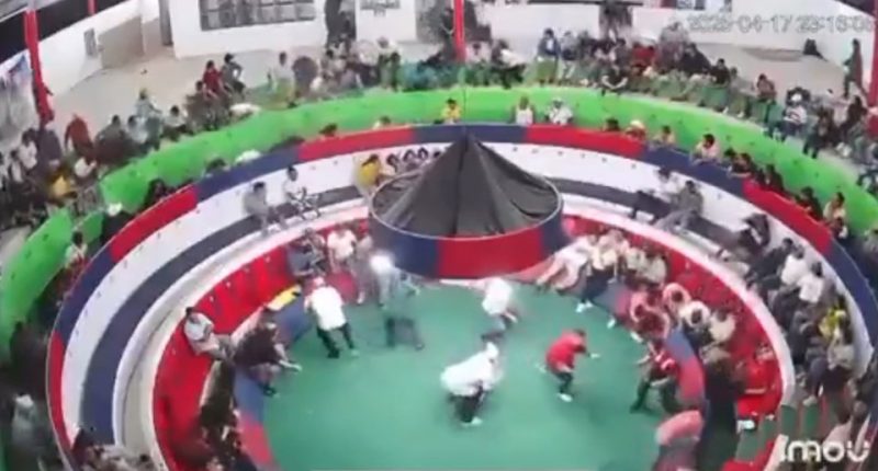 Security camera footage of a mass shooting at a cockfighting ring.