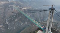 Aerial view of the Huajiang Grand Canyon Bridge under construction in China.