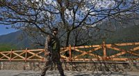 Indian soldier patrolling near a wooden fence in Kashmir.