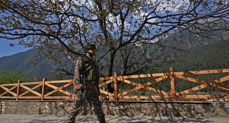 Indian soldier patrolling near a wooden fence in Kashmir.