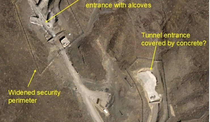 Aerial view of widened security perimeter around Iranian nuclear facility.