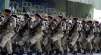 Iranian Revolutionary Guards marching in a military parade.