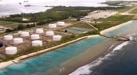 Aerial view of Diego Garcia's fuel tanks and airstrip.