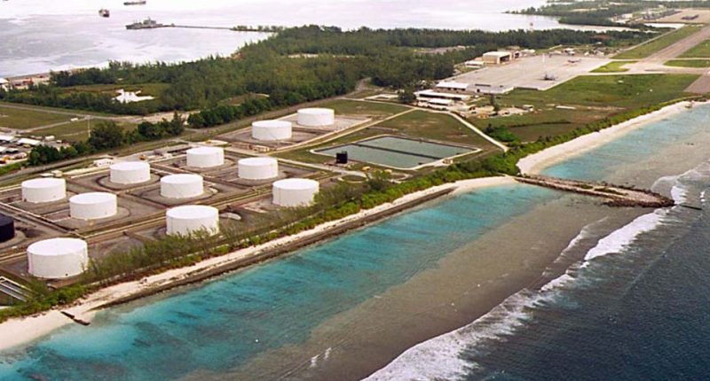 Aerial view of Diego Garcia's fuel tanks and airstrip.