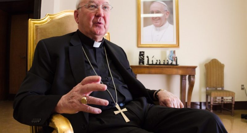 Cardinal Kevin Farrell, head of the Vatican's family and laity office, speaks during an interview with The Associated Press in Rome, July 31, 2018. (AP Photo/Paolo Santalucia, File)