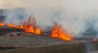 An image collage containing 1 images, Image 1 shows Aerial view of a volcanic eruption in Iceland