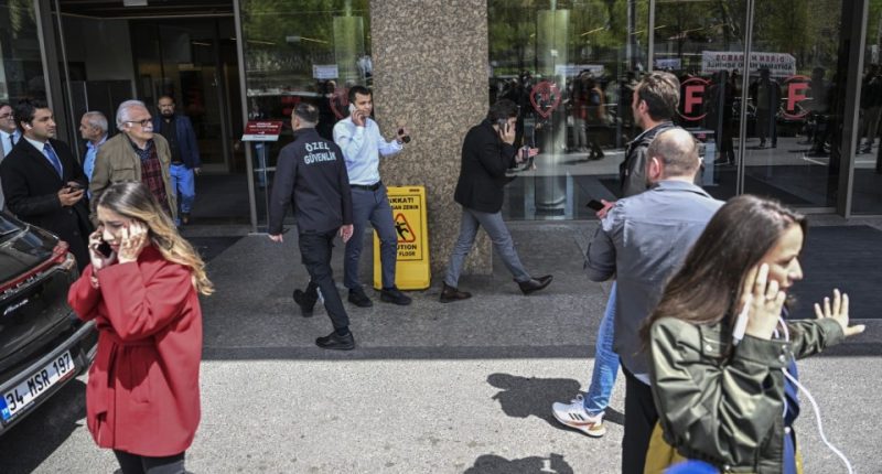 ISTANBUL, TURKIYE - APRIL 23: People leave the buildings in panic and call their loved ones after 6.2 magnitude earthquake jolts Istanbul, Turkiye on April 23, 2025. 6.2 magnitude earthquake jolts Turkiye, epicenter being Istanbul's Silivri district. (Photo by Murat Sengul/Anadolu via Getty Images)