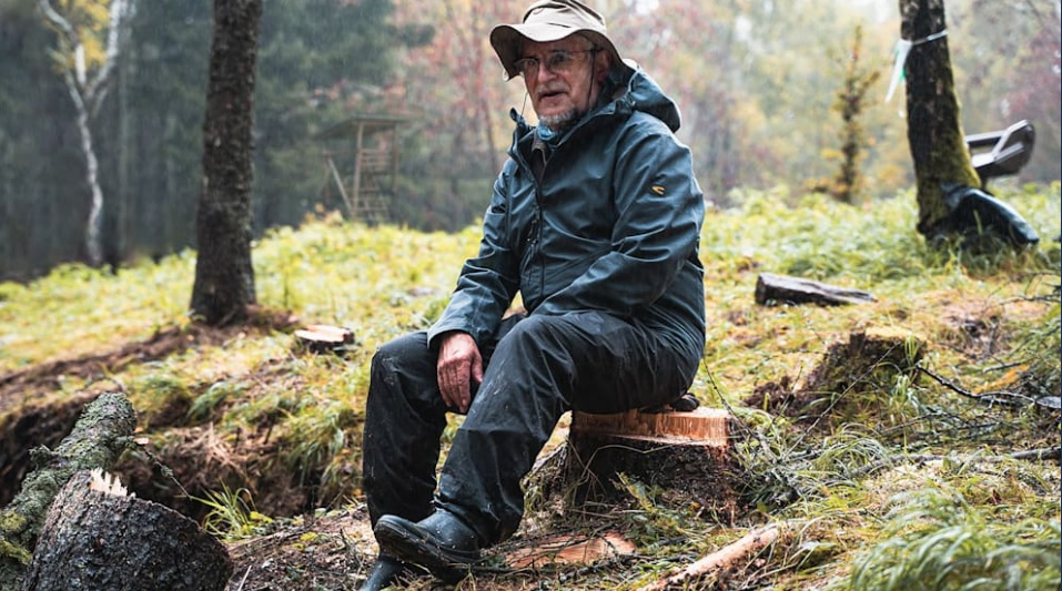Man sitting on a tree stump in a forest.