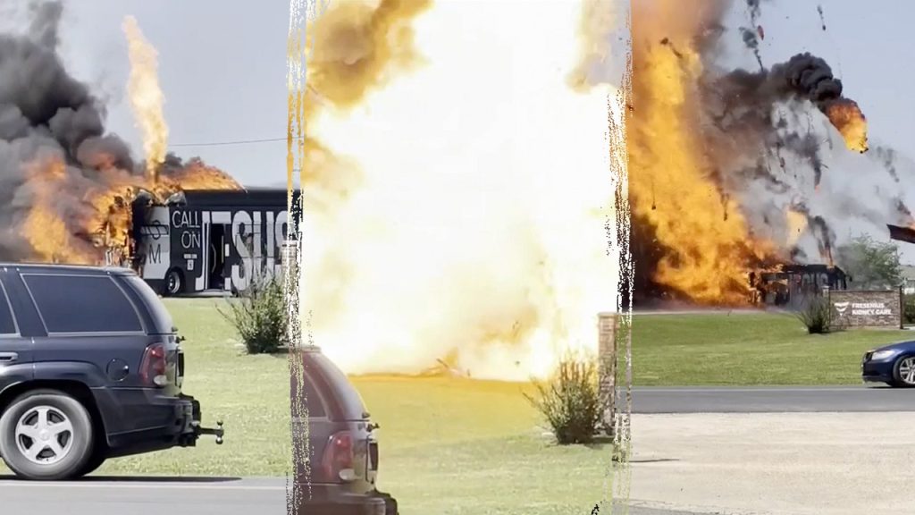 'Jesus' bus bursts into flames following massive explosion: video