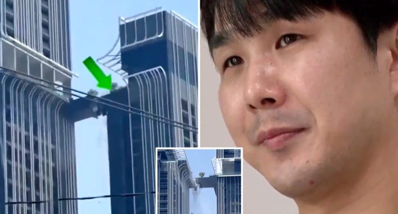 Korean man, Kwon Young-jun, jumps over broken sky bridge at Bangkok, Thailand building during Myanmar earthquake