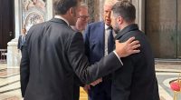 Macron, Starmer, Trump, and Zelenskyy speaking in Saint Peter's Cathedral.