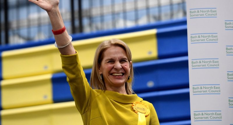 Wera Hobhouse celebrating her election win in Bath, England.