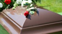 A single red rose on a brown casket.
