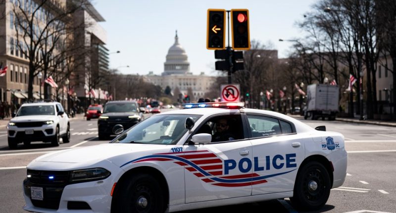 Washington, DC police car on Pennsylvania Avenue with the US Capitol in the background.