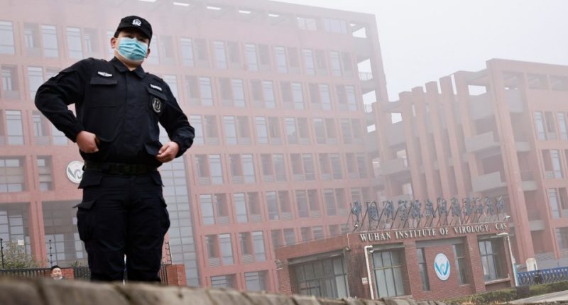 Security guard in face mask standing in front of the Wuhan Institute of Virology.