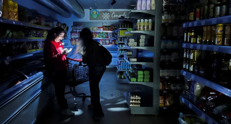 A worker assists a customer with a torch at a supermarket during a power outage which hit large parts of Spain, in Barcelona, Spain April 28, 2025. REUTERS/Nacho Doce TPX IMAGES OF THE DAY