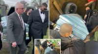 Pallbearers fall into grave while carrying casket