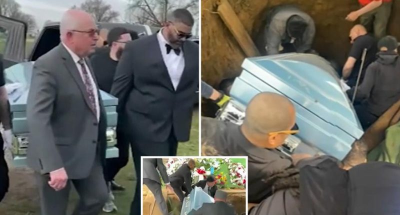 Pallbearers fall into grave while carrying casket