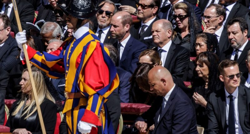 Prince William, Federal Chancellor Olaf Scholz, and other international dignitaries at Pope Francis' funeral.