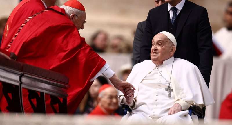 Pope Francis makes appearance after Palm Sunday mass at the Vatican