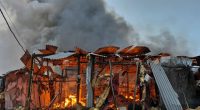 A burning building in Kyiv, Ukraine, following a rocket and drone attack.
