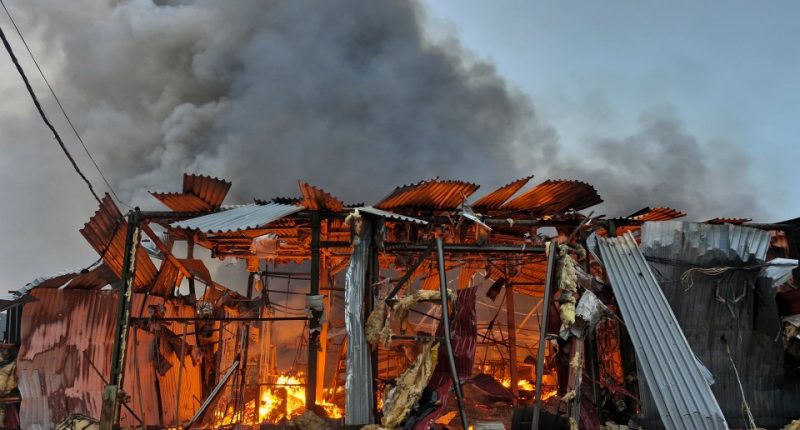 A burning building in Kyiv, Ukraine, following a rocket and drone attack.