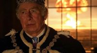 King Charles in royal robes with a nuclear explosion in the background.