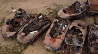 Aerial view of destroyed Russian military vehicles in Bucha, Ukraine.