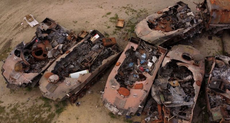 Aerial view of destroyed Russian military vehicles in Bucha, Ukraine.