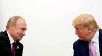 Photo of Vladimir Putin and Donald Trump in profile view, facing each other.