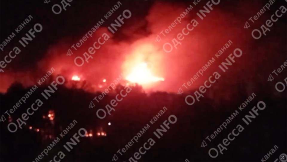 Fire and explosions in Odesa during a Russian attack.