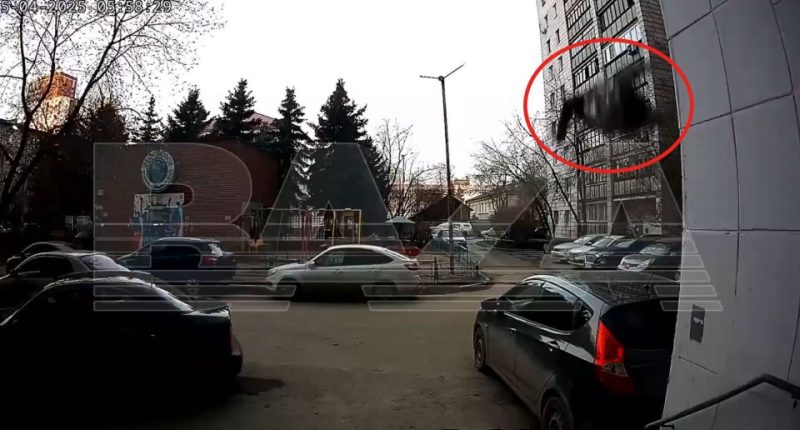 Security camera footage of an object falling from a building.