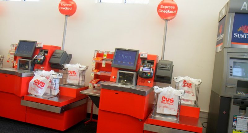 CVS pharmacy self-checkout kiosks.