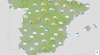 Weather forecast map of Spain showing rain and thunderstorms.