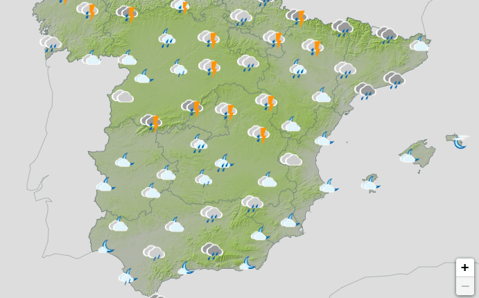 Weather forecast map of Spain showing rain and thunderstorms.