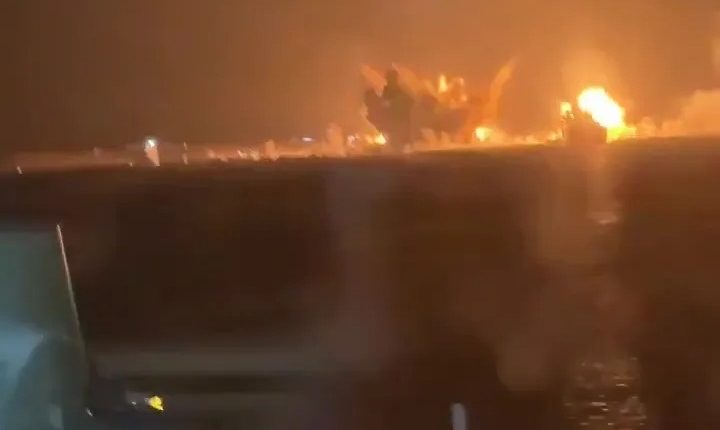 Nighttime video of explosions.